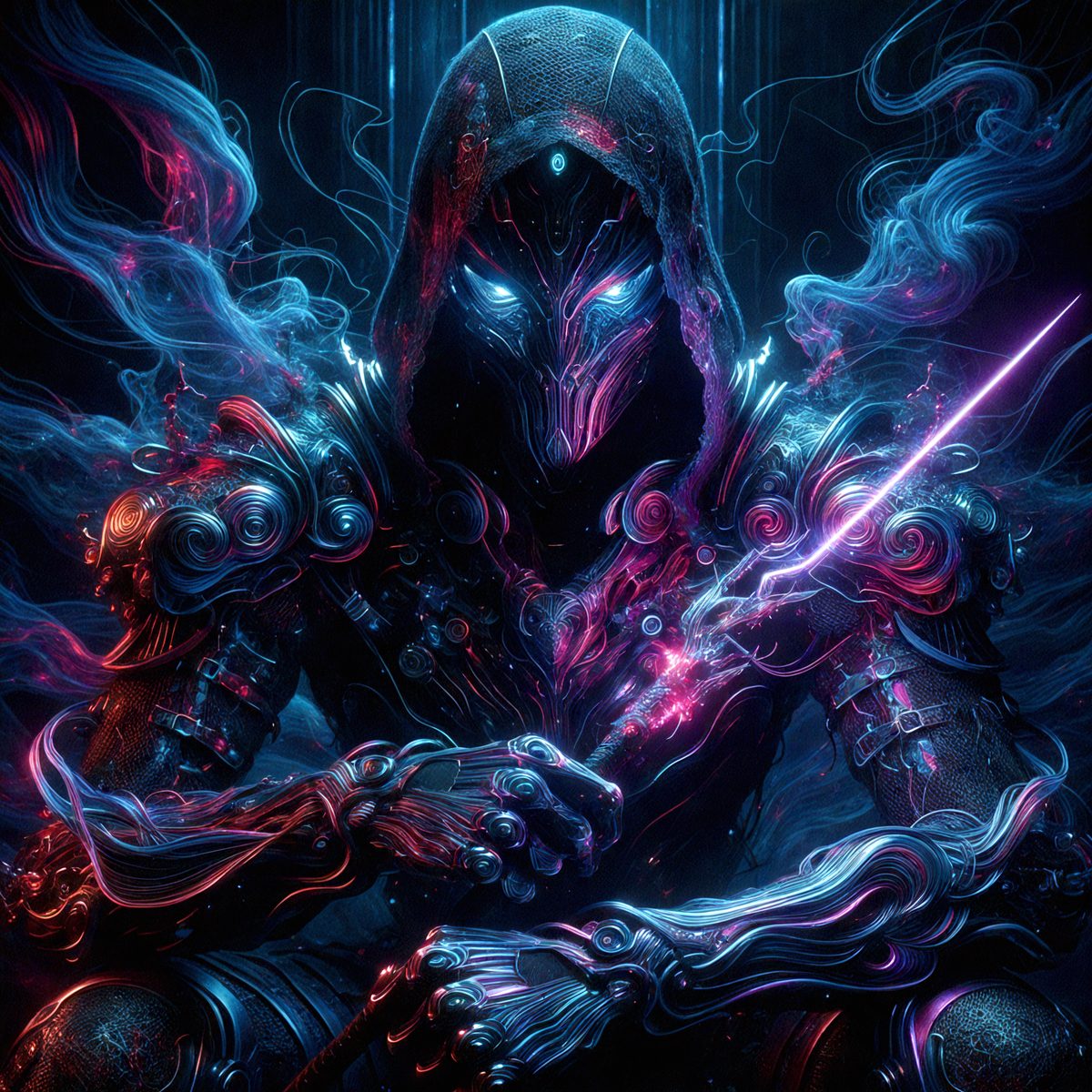 The primary subject of the image is a person wearing a hooded robe, possibly a wizard or a warrior. The person is holding a sword, and the setting appears to be a dark, possibly magical, environment. The visual style of the image is digital art, with a focus on the intricate details of the person's outfit and the sword. The colors in the image are predominantly dark, with some purple and blue accents, creating a moody and mysterious atmosphere.